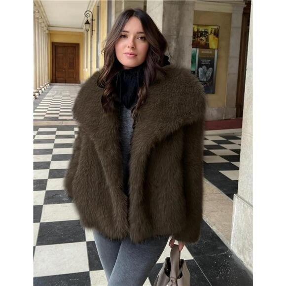 Womens Faux Fur Coat Lapel Open Front Fluffy Shaggy Jacket Darkbrown - Picture 2 of 6